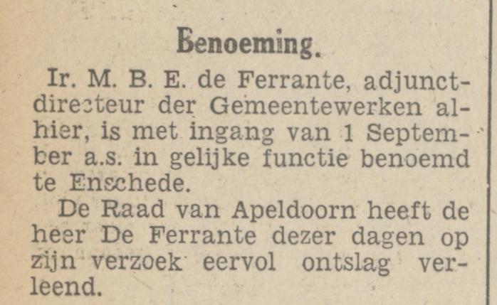 Ir. M.B.E. de Ferrante Adj. directeur gemeentewerken krantenbericht 3-7-1948.jpg