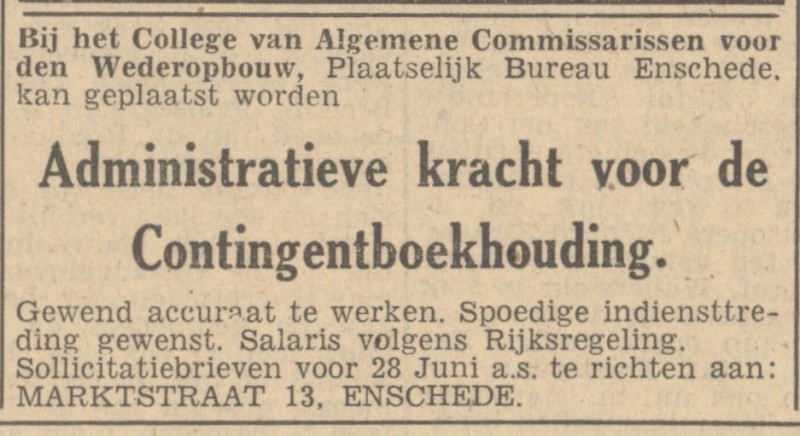 Marktstraat 13 Plaatselijk Bureau Wederopbouw advertentie Tubantia 18-6-1947.jpg