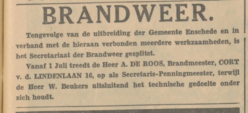A. de Roos Secr. penningmeester Brandweer advertentie Tubantia 10-7-1934.jpg