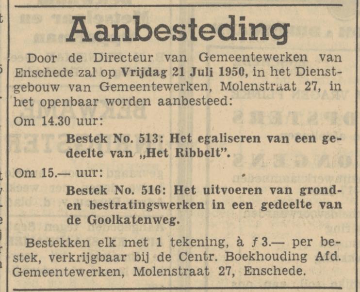 Molenstraat 27 Centr. Boekhouding Afd. Gemeentewerken advertentie Tubantia 12-7-1950.jpg