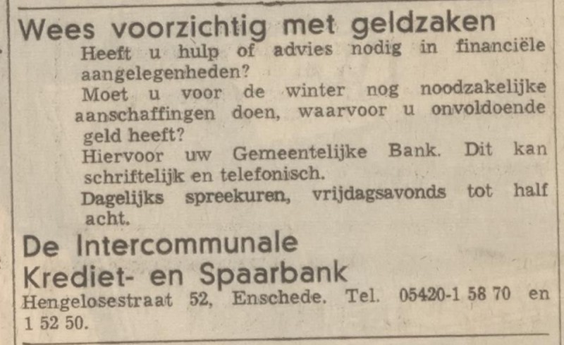 Hengelosestraat 52 Intercommunale Krediet- en Spaarbank advertentie Tubantia 29-11-1969.jpg