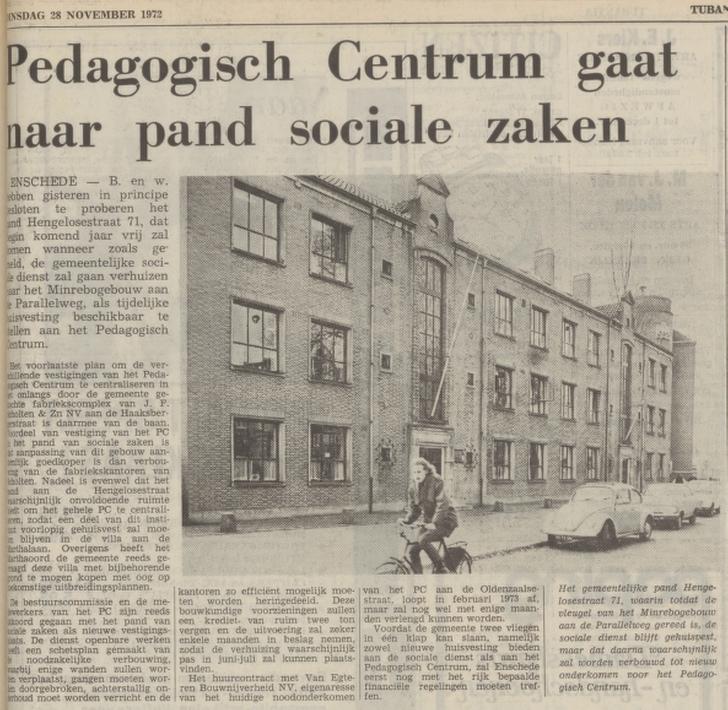 Hengelosesttraat 71 Gem. Dienst voor Soiciale Zaken krantenbericht Tubantia 29-11-1972.jpg