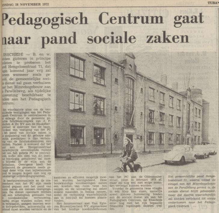 Hengelosesttraat 71 Gem. Dienst voor Soiciale Zaken krantenbericht Tubantia 29-11-1972.jpg