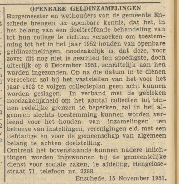 Hengelosesttraat 71 Gem. Dienst voor Soiciale Zaken advertentie Tubantia 15-11-1951.jpg