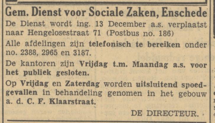 Hengelosesttraat 71 Gem. Dienst voor Soiciale Zaken advertentie Tubantia 6-12-1949.jpg