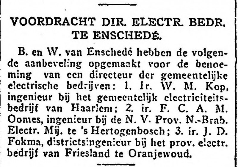 Ir. W.M. Kop Dir Electr. Bedrijf krantenbericht Het Vaderland 3-5-1929.jpg