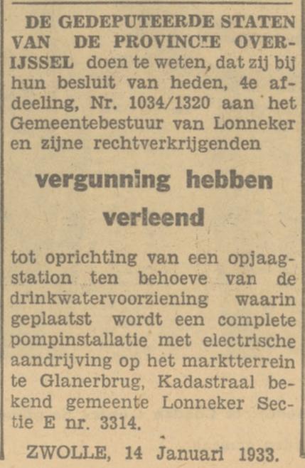 Marktplein Glanerbrug opjaagstation tbv drinkwatervoorziening  krantenbericht Tubantia 18-2-1933.jpg