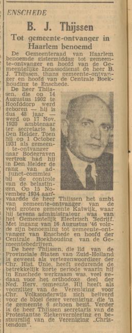 B.J. Thijssen Gemeenteontvanger Enschede krantenbericht Tubantia 5-4-1951.jpg