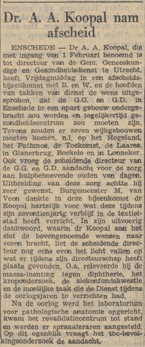 Dr. A.A. Koopal Directeur Gem. Geneeskundige en Gezondheidsdienst krantenbericht Tubantia 2-2-1953.jpg