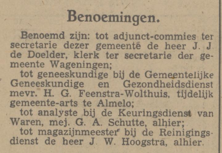 Mevr. H.G. Feenstra-Wolthuis  Gemeentelijke Geneeskundige en Gezondheidsdienst krantenbericht Tubantia 27-1-1948.jpg