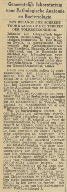 Volksparksingel 1-3 Gemeentelelijk Laboratorium voor Pathologiesche Anatomie en Bacteriologie krantenbericht Tubantia 26-10-1946.jpg