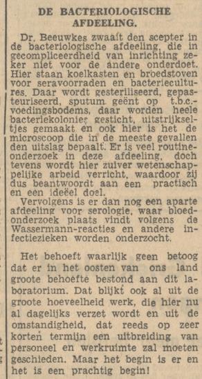 Volksparksingel 1-3 Gemeentelelijk Laboratorium voor Pathologiesche Anatomie en Bacteriologie hoofd Drf. H. Beeuwkes krantenbericht Tubantia 8-3-1947.jpg