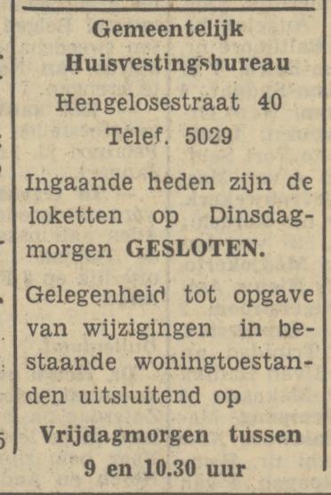 Hengelosestraat 40 Gemeentelijk Huisvestingsbureau. Tel. 5029 advertentie Tubantia 5-2-1951.jpg