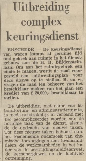 H.B. Blijdensteinlaan 2 Keuringsdienst van Waren krantenbericht Tubantia 22-1-1967.jpg
