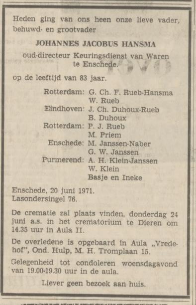 Lasondersingel 76 J.J. Hansma oud directeur Keuringsdienst van Waren overlijdensadvertentie Tubantia 21-6-1971.jpg