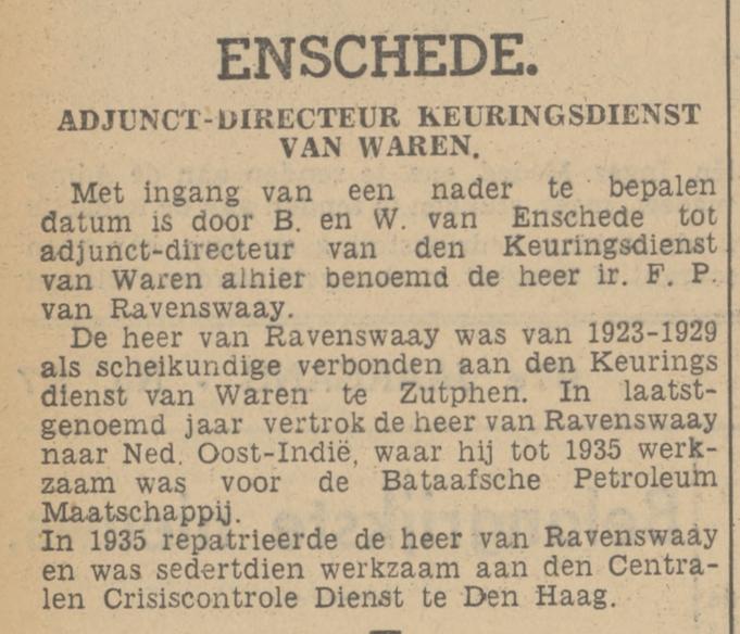 Ir. F.P. van Ravenswaay Adj. dir. Keuringsdienst van Waren krantenbericht Tubantia 13-4-1938.jpg