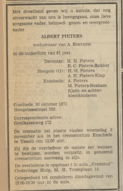 Hengelosestraat 353 A. Pieters overlijdensadvertentie Tubantia 1-11-1971.jpg