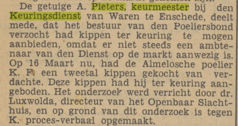 A. Pieters keurmeester bij Keuringsdienst van Waren krantenbericht Tubantia 10-7-1940.jpg