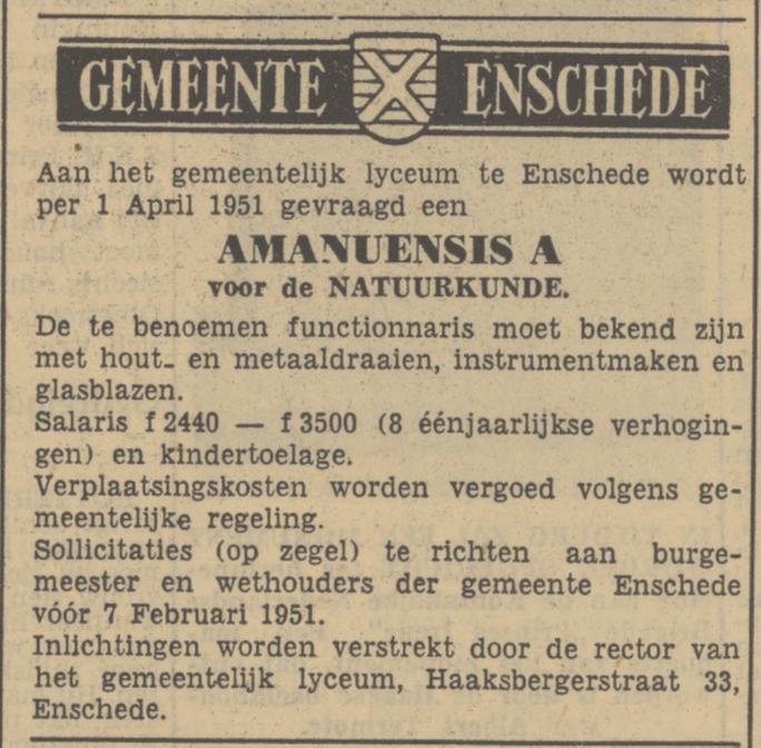 Haaksbergerstraat 33 Gemeentelijk Lyceum advertentie Tubantia 17-1-1951.jpg