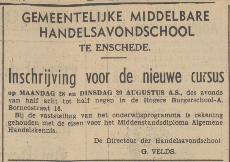 Borneostraat 16 Gemeentelijke Middelbare Handelsavondschool. Hogere Burgerschool-A. advertentie Tubantia 19-8-1939.jpg