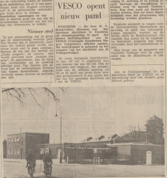 Volksparksingel VESCO Verenigde Enschedese Slagers Coöperatie op het terrein van het slachthuis. krantenbericht 15-3-1967.jpg