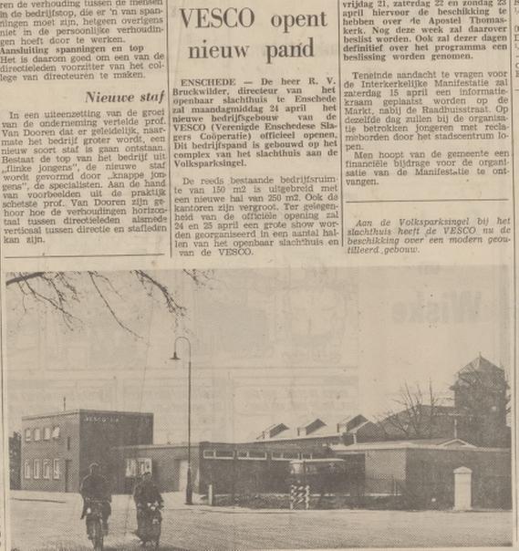 Volksparksingel VESCO Verenigde Enschedese Slagers Coöperatie op het terrein van het slachthuis. krantenbericht 15-3-1967.jpg