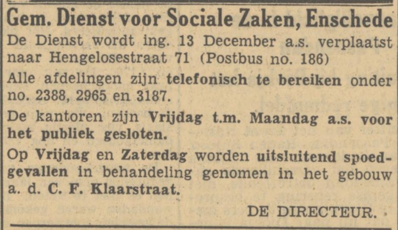 Hengelosestraat 71 Gem. Dienst voor Sociale Zaken advertentie Tubantia 6-12-1949.jpg