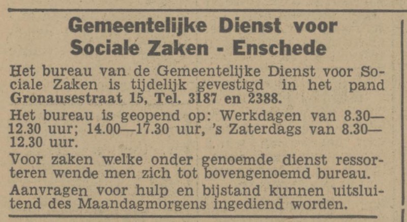 Gronausestraat 15 Gem. Dienst voor Sociale Zaken advertentie Tubantia 2-1-1948.jpg