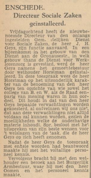 J.H. Geys Directeur Gem. Dienst van Sociale Zaken krantenbericht Tubantia 3-5-1947.jpg