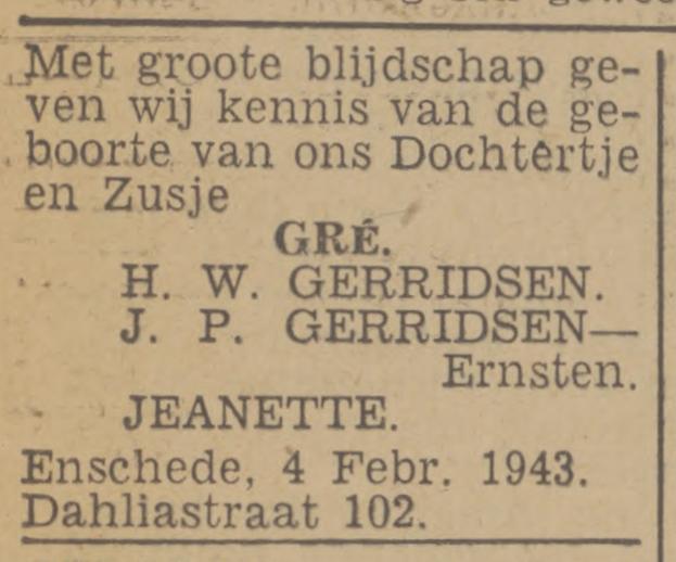 Dahliastraat 102 H.W. Gerridsen advertentie Twerntsch nieuwsblad 5-2-1943.jpg