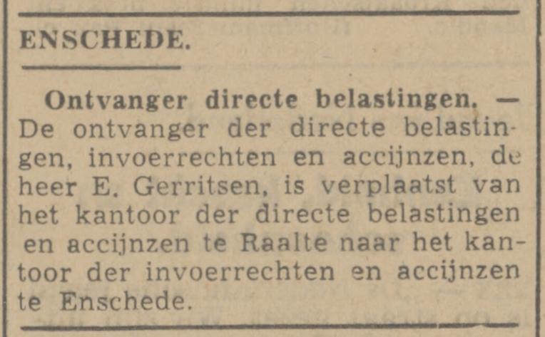 E. Gerritsen Ontvanger Invoerrechten en Accijnzen krantenbericht Twentsch nieuwsblad 14-3-1944.jpg