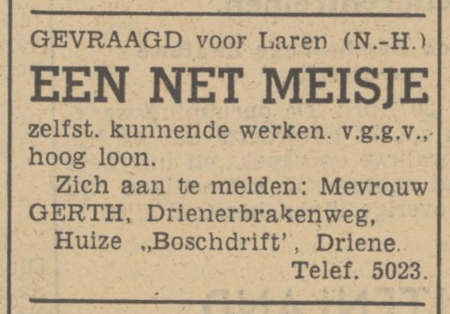 Drienerbrakenweg 50  Huize Boschdrift Driene Mevr. Gerth advertentie Tubantia 20-4-1940.jpg