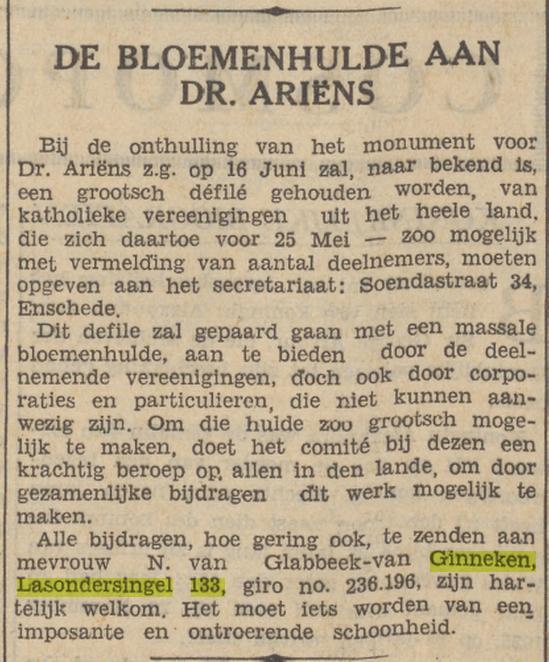 Lasondersingel 133 Mevr. N. van Glabbeek-van Ginneken krantenbericht De Tijd 18-5-1934.jpg