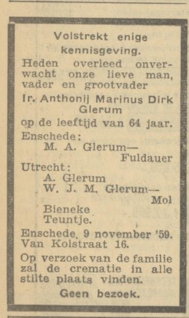 Van Kolstraat 16 Ir. A.M.D. Glerum overlijdensadvertentie 11-11-1959.jpg