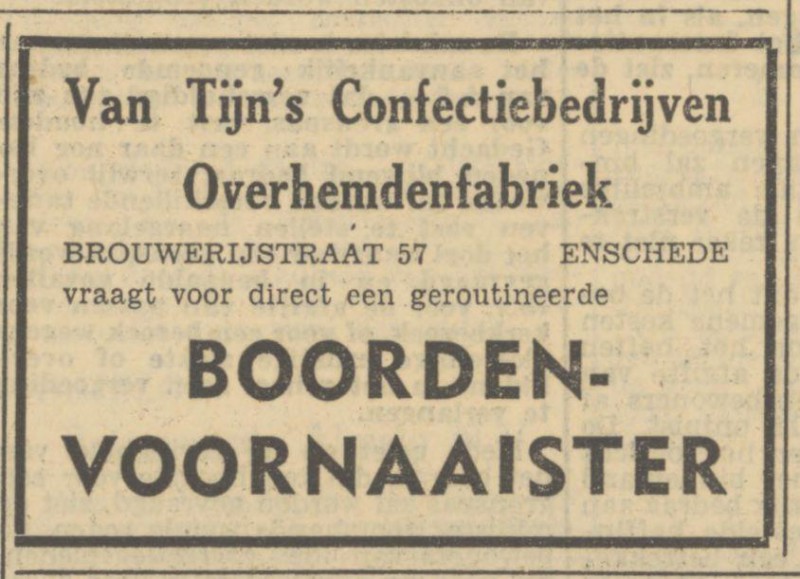 Brouwerijstraat 57 Van Tijn's Confectiebedrijven advertentie Tubantia 12-12-1951.jpg