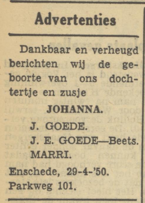 Parkweg 101 J. Goede advertentie Tubantia 1-5-1950.jpg