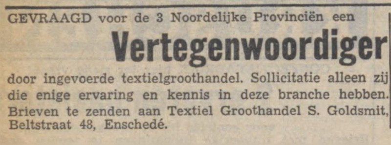 Beltstraat 48 S. Goldsmit Textiel Groothandel advertentie 6-4-1951.jpg