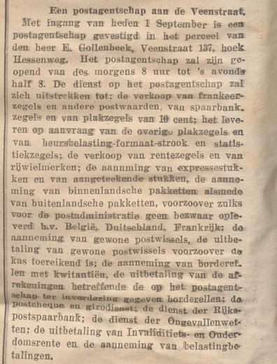Veenstraat 137 hoek Hessenweg E. Gollenbeek postagentschap krantenbericht 1-9-1936.jpg