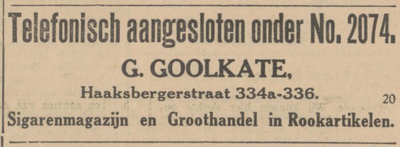 Haaksbergerstraat 334a-336 G. Goolkate Sigarenmagazijn en Groothandel in Rookartikelen. advertentie Tubantia 19-3-1930.jpg
