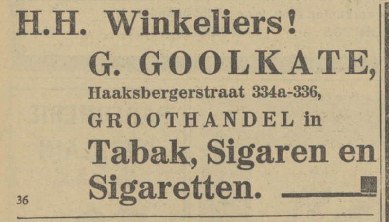 Haaksbergerstraat 334a-336 G. Goolkate Groothandel Tabak, siagaren enz. advertentie Tubantia 11-6-1929.jpg