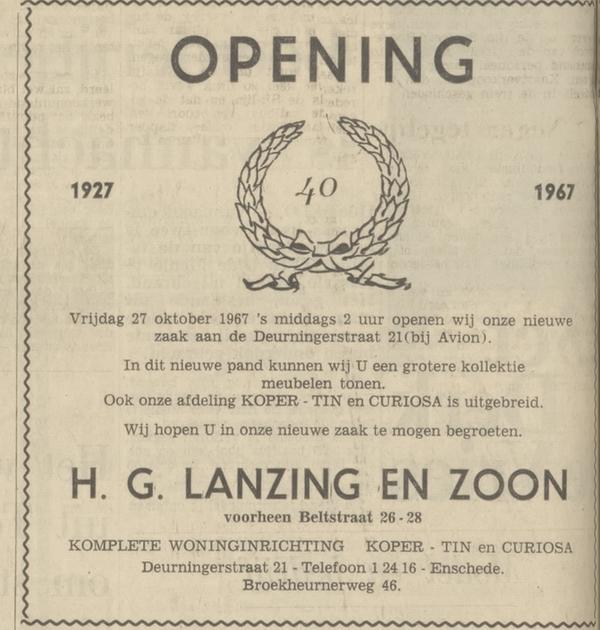 Beltstraat 26-28 later Deurningerstraat 21 Fa. H.G. Lanzing en Zn advertentie Tubantia 28-10-1967.jpg