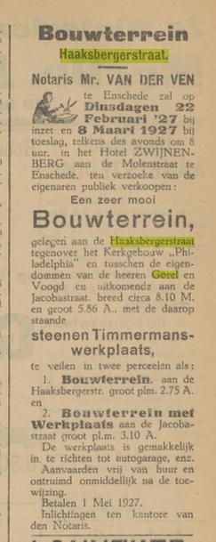 Haaksbergerstraat  tegenover kerkgebouw Philadelphia bouwterrein Gorel advertentie Tubantia 19-2-1927.jpg