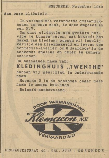 Gronausestraat 49 Klemacon N.V. advertentie Tubantia 18-11-1949.jpg