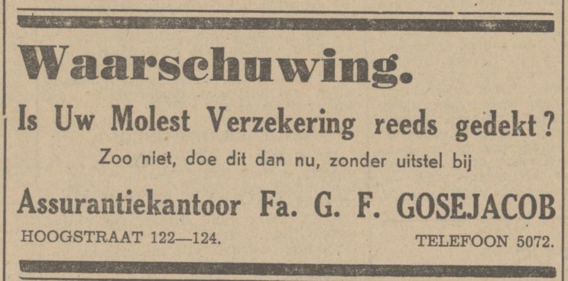 Hoogstraat 122-124 Fa. G.F. Gosejacob Woningbureau advertentie Tubantia 13-3-1942.jpg