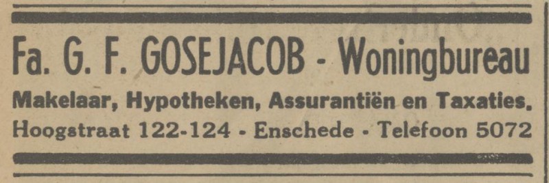 Hoogstraat 122-124 Fa. G.F. Gosejacob Woningbureau advertentie Tubantia 7-6-1941.jpg