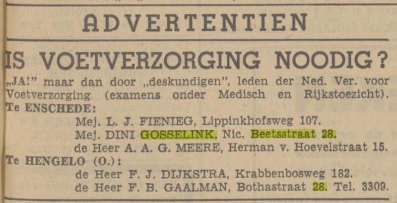 Nicolaas Beetsstraat 28 Mej. Dini Gosselink advertentie Tubantia 13-6-1942.jpg