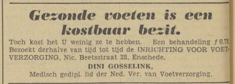 Nicolaas Beetsstraat 28 Mej. Dini Gosselink advertentie Tubantia 4-1-1941.jpg