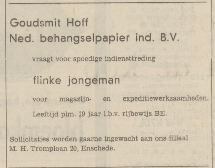 M.H. Tromplaan 20 Goudsmit-Hoff Ned. Behangselpapier Industrie N.V. advertentie Tubantia 5-2-1973.jpg