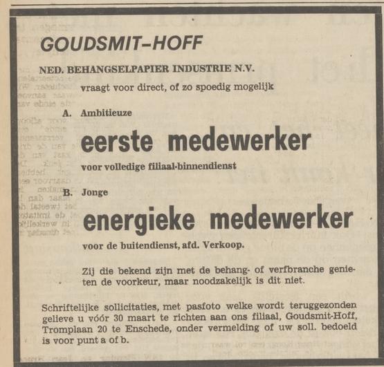M.H. Tromplaan 20 Goudsmit-Hoff Ned. Behangselpapier Industrie N.V. advertentie Tubantia 24-3-1967.jpg