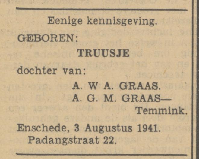 Padangstraat 22 A.W.A. Graas advertentie Tubantia 4-8-1941.jpg